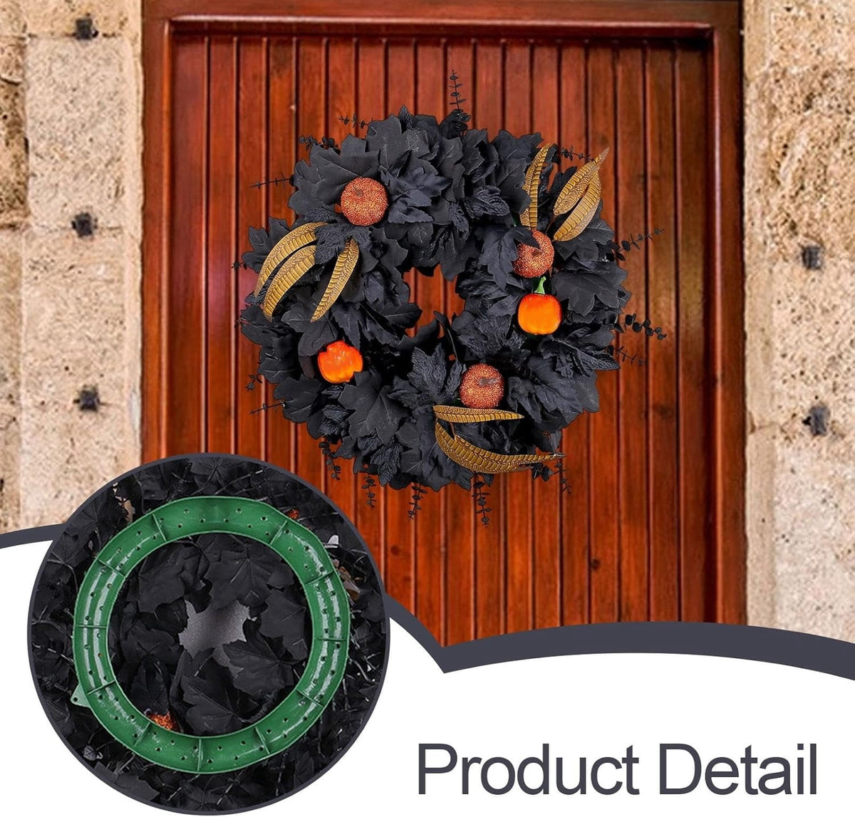 Halloween Wreath for Front Door, 20 Inch Black Maple Leaf Wreaths with Light, Pumpkin, Halloween Atmosphere Haunted House Decor, for Indoor,Outdoor,Wall Window,Porch,Farmhouse,Home,Party Decoration
