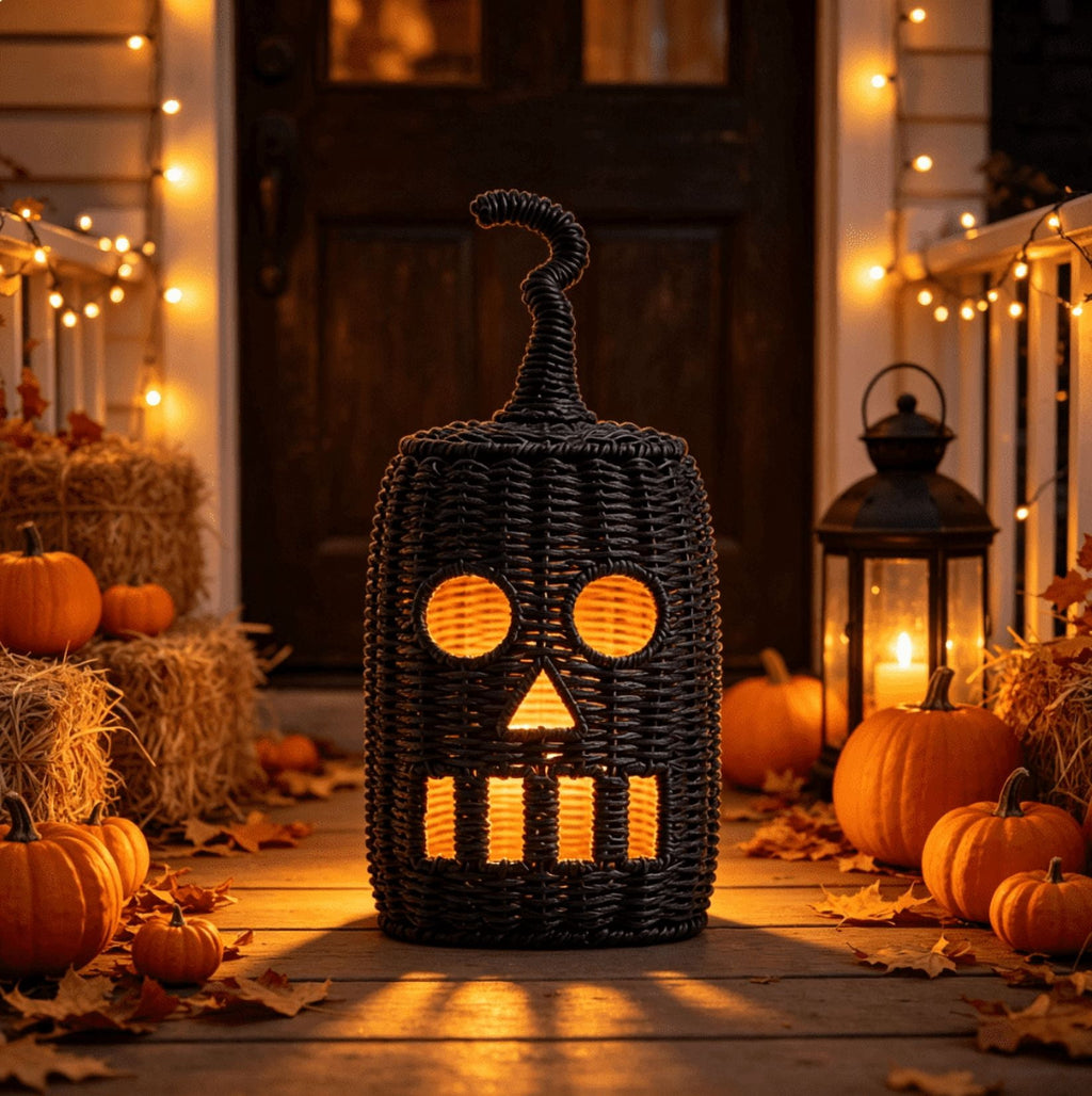 THOPBPRK 2026 Black Halloween Woven Pumpkin Jack-O'-Lantern, Halloween Decorations Pumpkin, USE LED Candle, Rattan Fall Halloween Decor for Home, 1Pack 11.8 Inch A