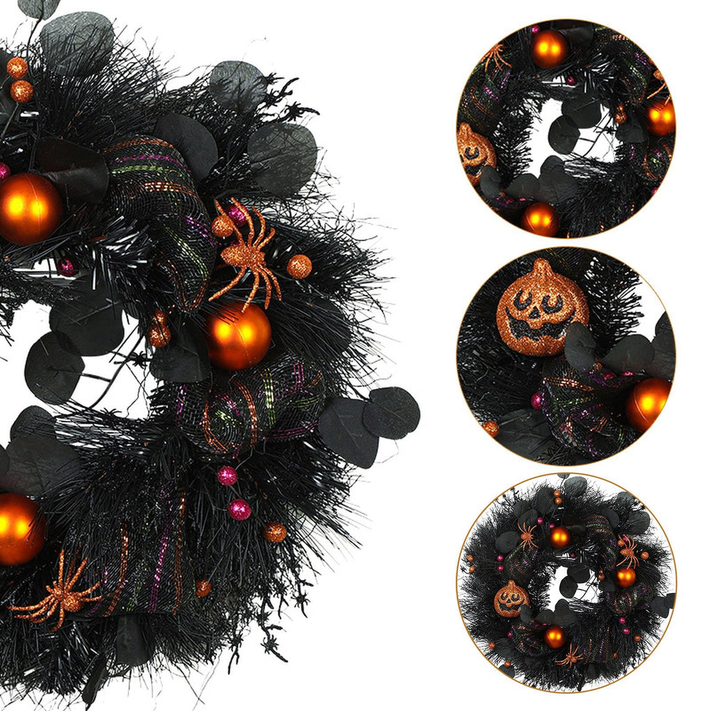 Halloween Wreath with Lights for Front Door, Collapsible Pre-Lit Wreath with Pumpkin Halloween Decorations for Home Wall Decor