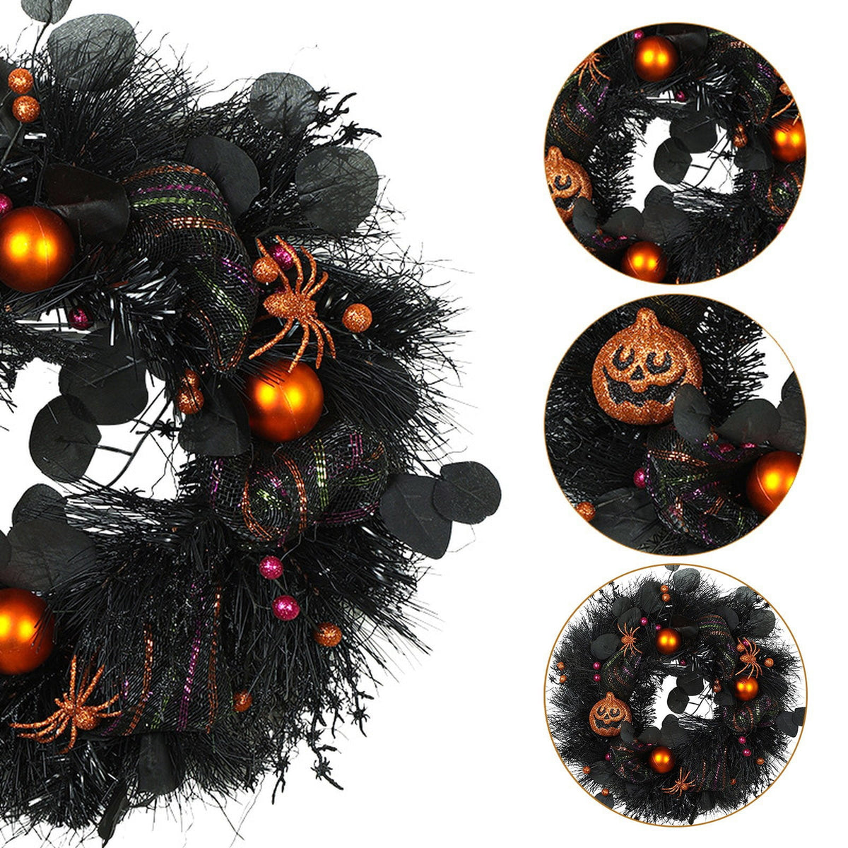 Halloween Wreath with Lights for Front Door, Collapsible Pre-Lit Wreath with Pumpkin Halloween Decorations for Home Wall Decor