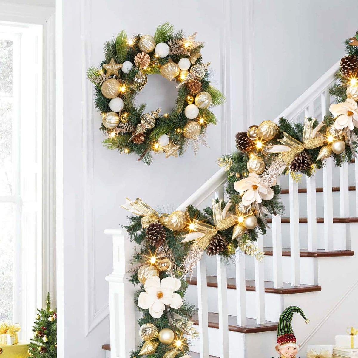 JoanKaren 24 inch Large Christmas Wreath Silver White with 20 LED Lights,Prelit Xmas Wreath w/ Ball Ornaments Pine Cone