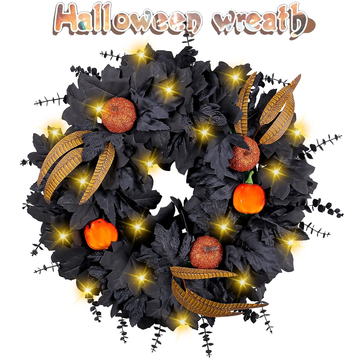 Halloween Wreath for Front Door, 20 Inch Black Maple Leaf Wreaths with Light, Pumpkin, Halloween Atmosphere Haunted House Decor, for Indoor,Outdoor,Wall Window,Porch,Farmhouse,Home,Party Decoration