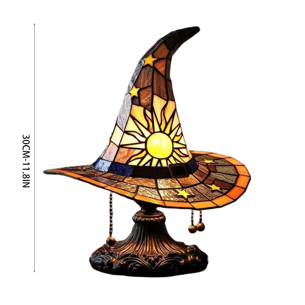Stained Glass Witch hat lamp, 7" Halloween Gothic Mystic Room Decor Handcrafted Ceramic Phantom Figurine, USB Rechargeable LED Glowing Lantern for Bedroom Living Room Mantel Home Decor