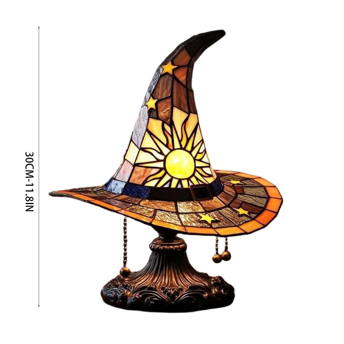 Stained Glass Witch hat lamp, 7" Halloween Gothic Mystic Room Decor Handcrafted Ceramic Phantom Figurine, USB Rechargeable LED Glowing Lantern for Bedroom Living Room Mantel Home Decor
