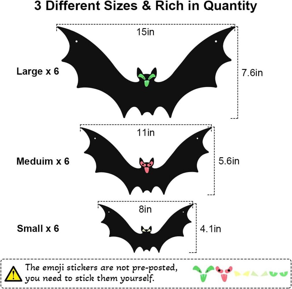 COSTYLE 18 Pcs Hanging Bats Halloween Outdoor Decoration 3 Different Sizes with Cute Eye Stickers for Hanging in The Tree, Porch, Yard, Lawn, Indoor