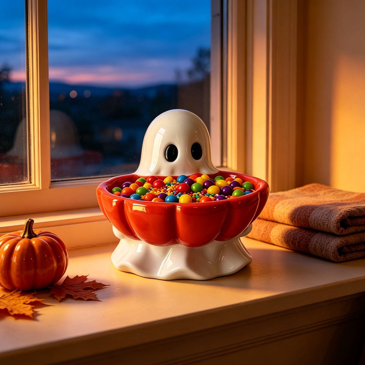 Halloween Decoration Ghost Figurine 11in Resin Ghost Statues with Pumpkin Candy Bowl for Outdoor Indoor Front Door, Porch Yard Lawn Party Decor