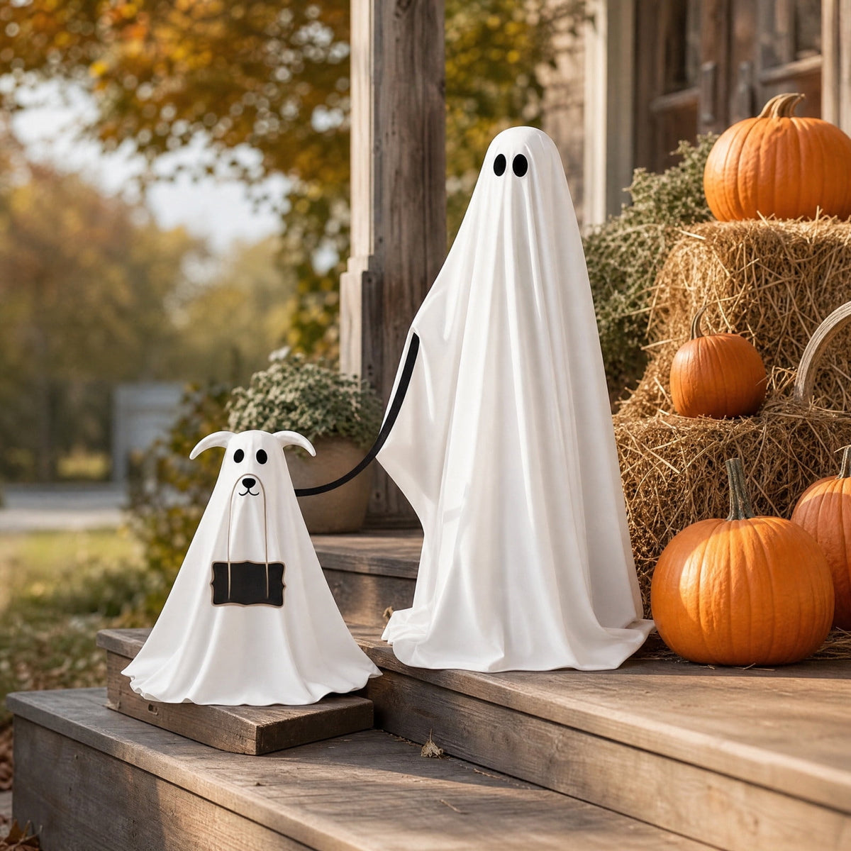 Light Up 2.1 Ft Ghost Walking Dog 2 Pcs, Halloween Ghost Decoration, Adjustable Standing Porch Yard Lawn Decor, Modern Farmhouse Halloween Yard Decor (A)