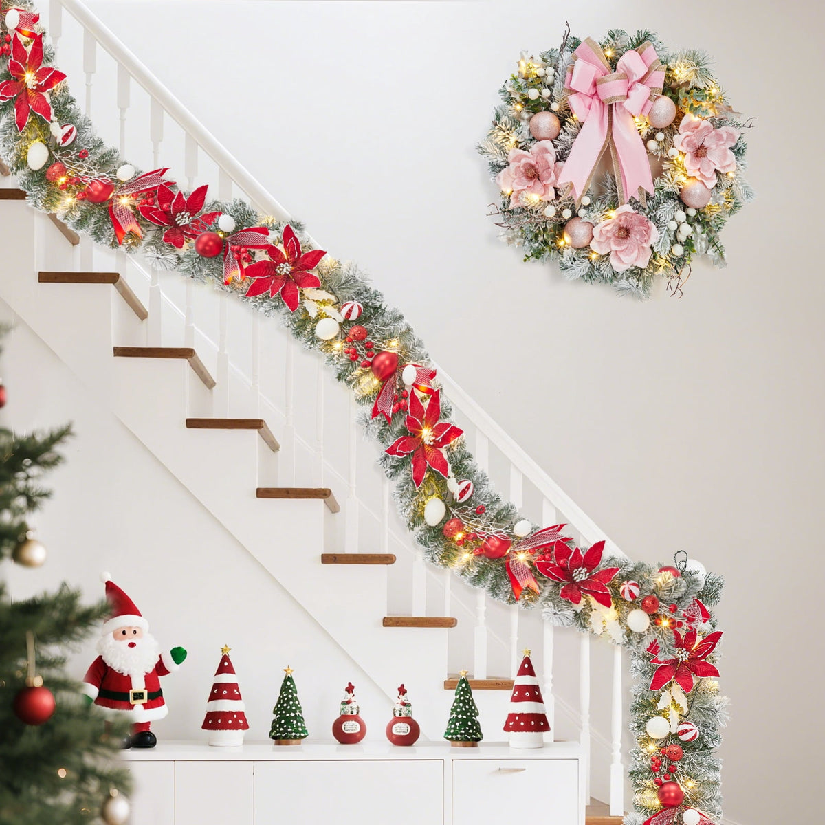 JoanKaren 24 inch Large Christmas Wreath Silver White with 20 LED Lights,Prelit Xmas Wreath w/ Ball Ornaments Pine Cone