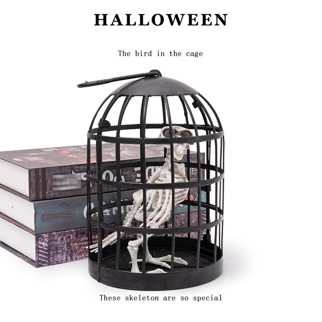 Clearance! Hanging Bird Skeleton Decoration,Scary Realistic Animal Crow Skeleton In The Cage,Scary Posable Movable Joints Raven Skeletons In Cage Prisoner For Halloween Haunted Houses Party Outdoor