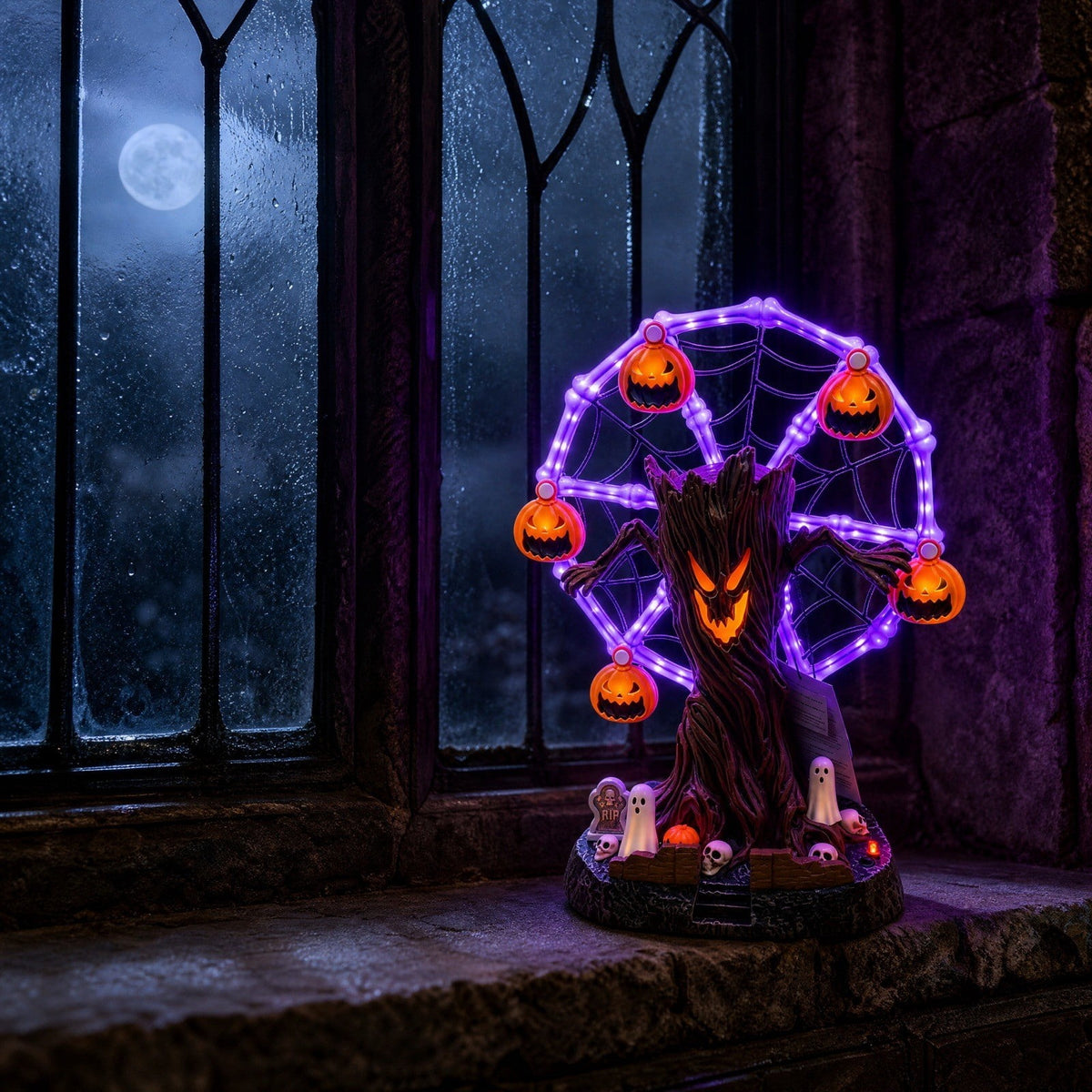 Animated Halloween Ferris Wheel Tabletop Decor - Light Up Spooky Tree with Purple LED, Moving Skeletons and Cauldrons, Haunted Graveyard Scene Centerpiece
