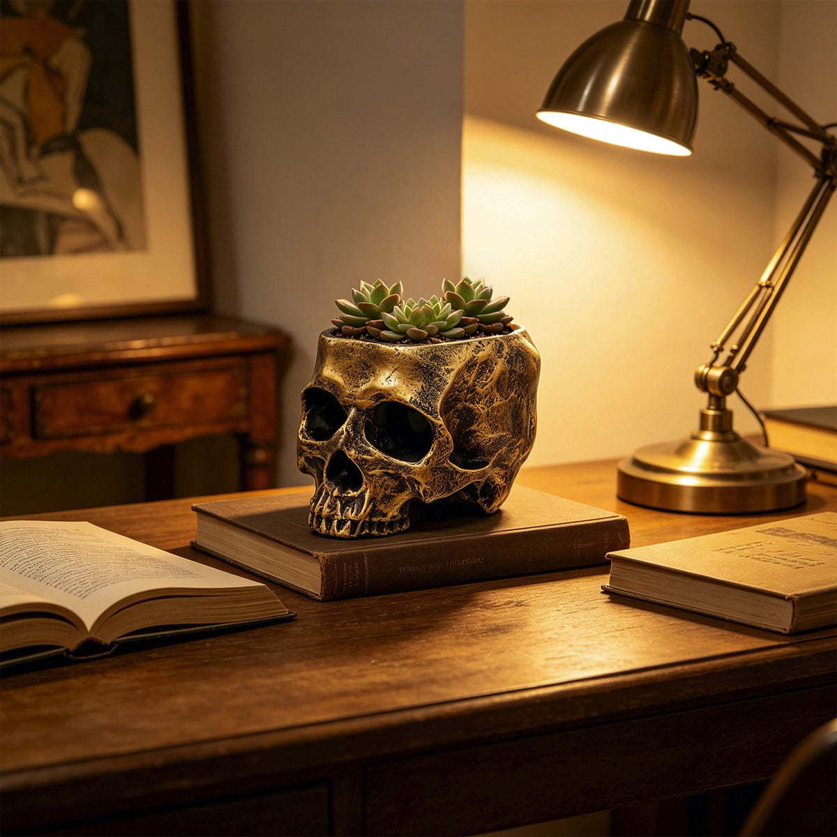 AuroraX Halloween Skeleton Head Plantser Halloween Resin Skull Flower Pot Indoor Spooky Cactus Candy Halloween Desk Decoration Black