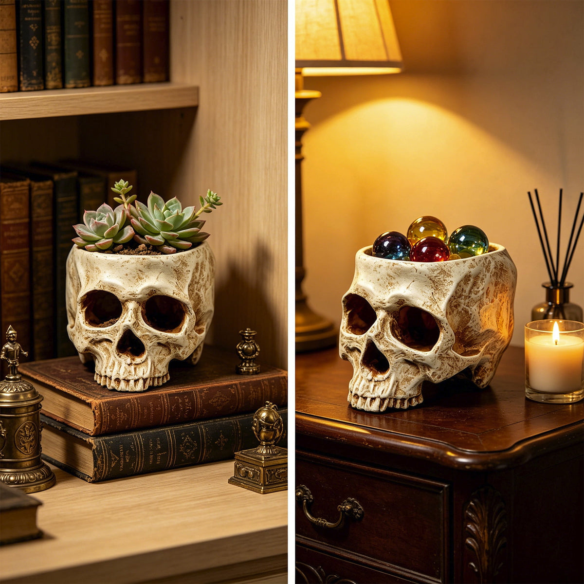 AuroraX Halloween Skeleton Head Plantser Halloween Resin Skull Flower Pot Indoor Spooky Cactus Candy Halloween Desk Decoration Black