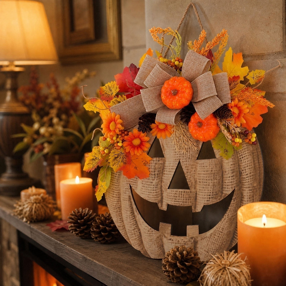 Autumn Pumpkin Door Hanger, Simulated Flower Wooden Pumpkin Wreath Seasonal Farmhouse Wall Decoration Reusable Festive Accent, Fall Thanksgiving Halloween Decor for Front Door Porch Window Mantel