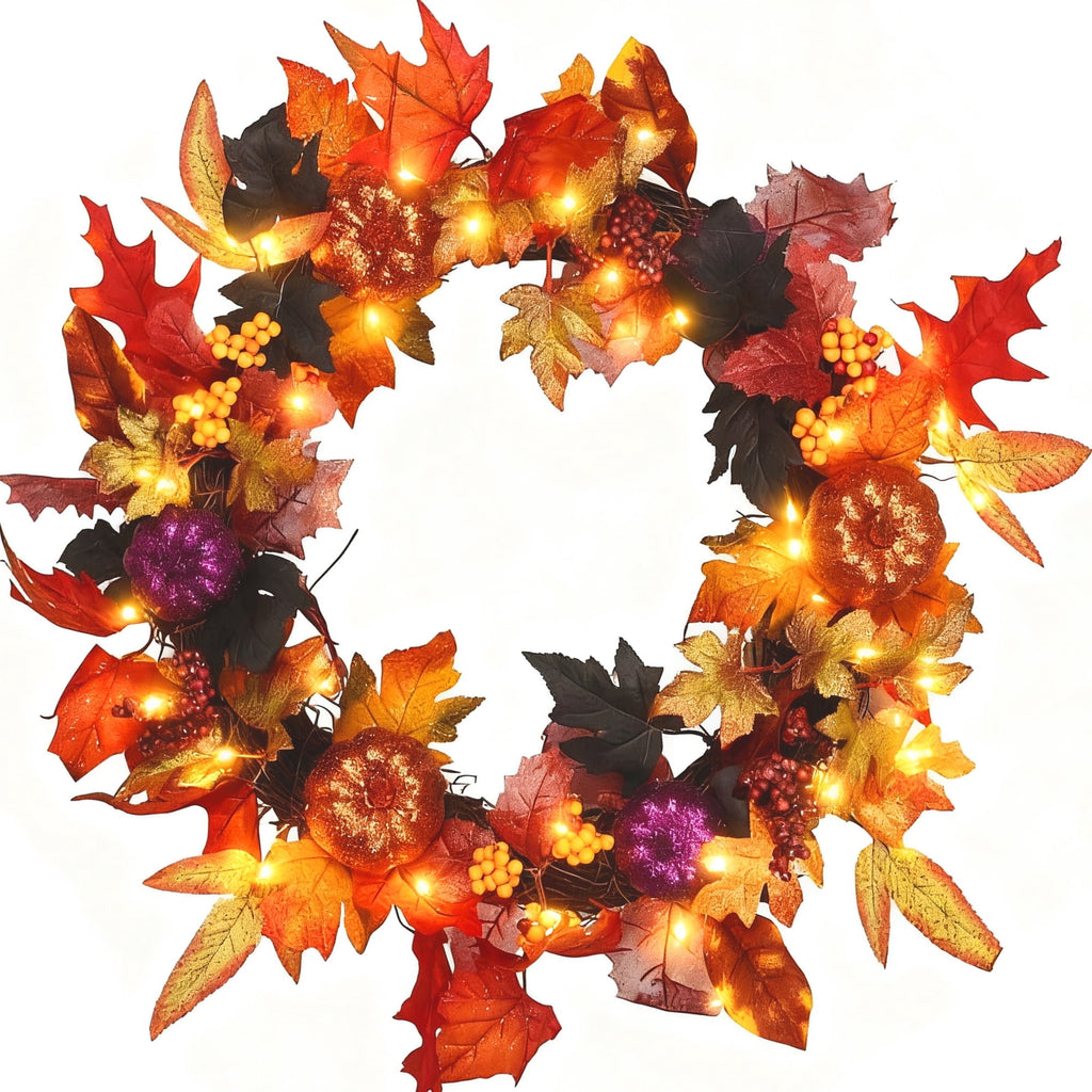 Autumn Wreaths for Front Door,18inch Artificial Fall Wreaths with Lights Pumpkin Pine Cones Berry Maple Leaves,Thanksgiving Halloween Harvest Festival Home Decoration for Indoor,Outdoor,Window,Garden