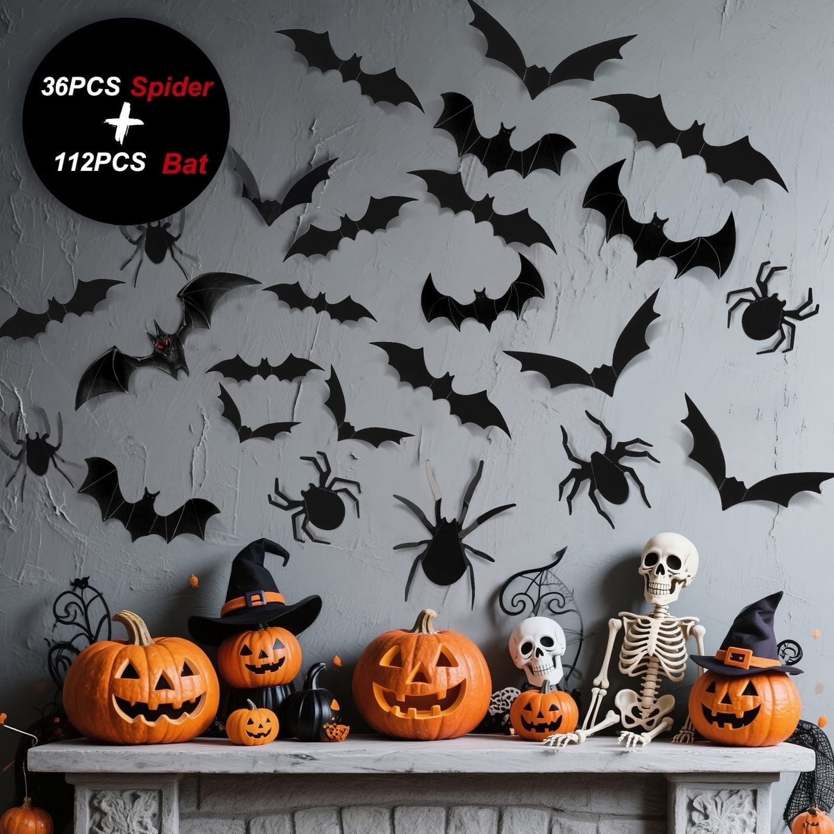 Ayieyill 126pcs Halloween Bat Stickers for Halloween Wall Decor and Window Clings, 3D Spider and Bat Decals for Indoor Halloween Decor