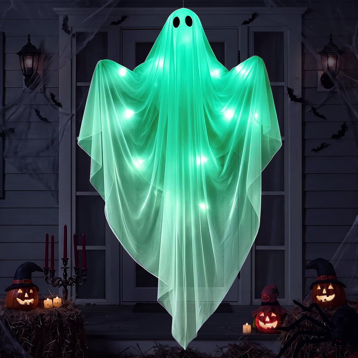 Ayieyill Halloween Ghost Decor with Blue LED Light, 47” Light up Hanging Ghost Halloween Yard Porch Decorations Outdoor