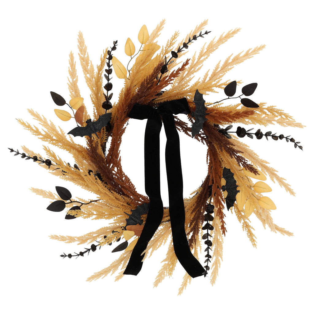 Wheat with Bats Wreath, Yellow and Black, 24", Halloween by Way To Celebrate