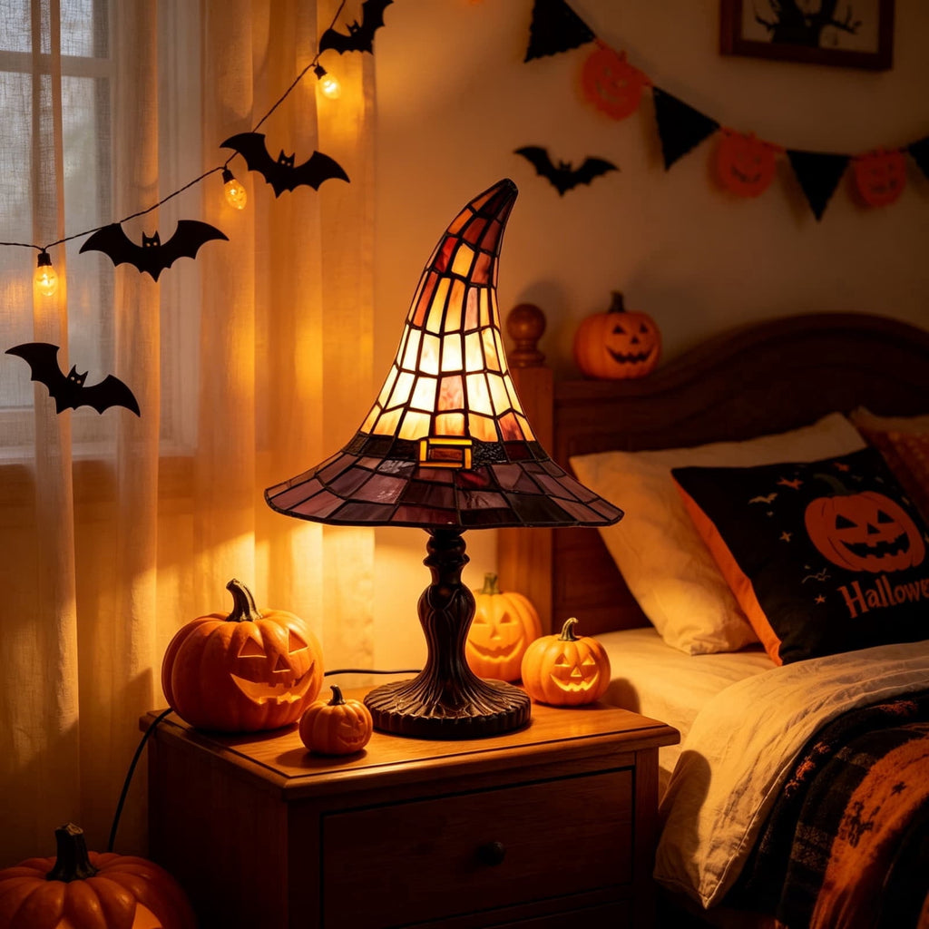 BZPIZ Witch Hat Lamp Handcrafted Retro Resin Stained Witch Hat Desk Lamp Halloween Home Decor Gothic Wizard Hats Night Light for Bedroom & Bookshelf