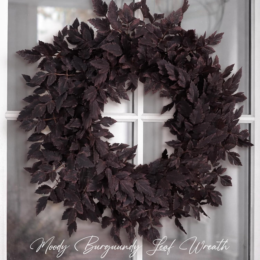 BingTong Artificial Cimicifuga Wreath,Fall Faux Plum Cimicifuga Ramosa Leaf Wreath for Autumn Harvest Halloween Home Door Wall Farmhouse Mantel Decor black