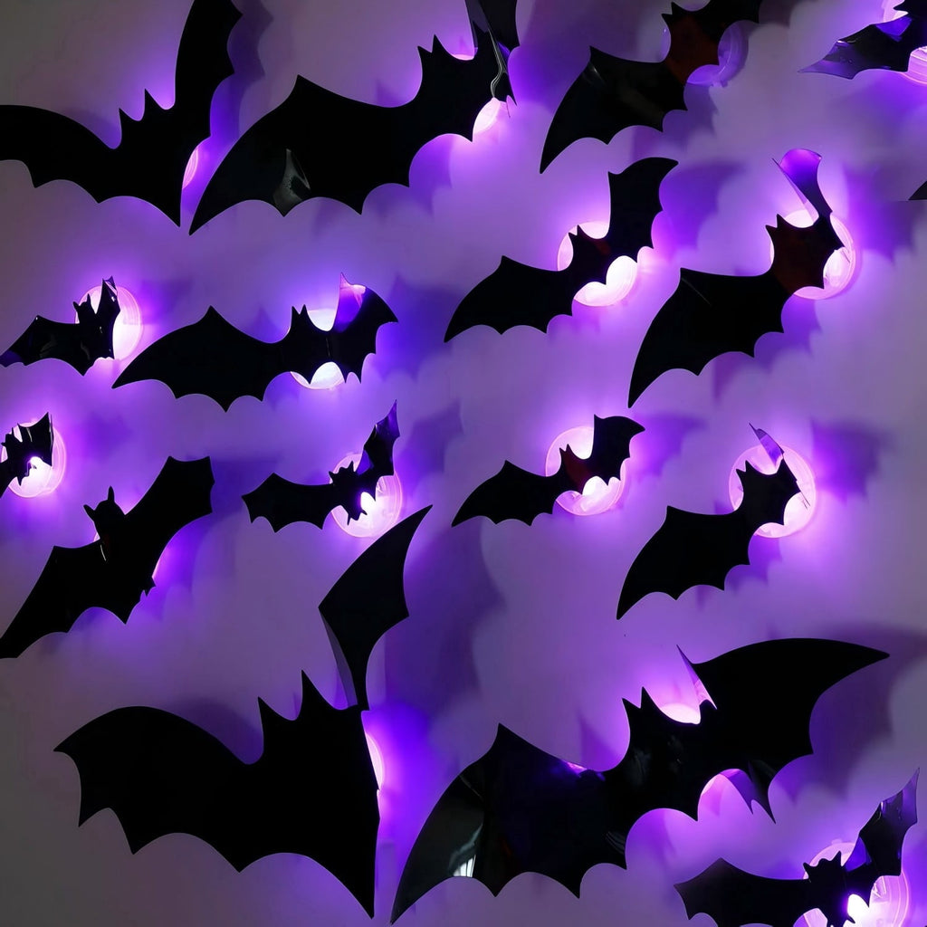 CQHVKQ 36 PCS Halloween Bats Decorations, Realistic 3D LED Bats Wall Stickers Decor, Assorted Size Removable Lighted PVC Bats DIY Wall Sticker for Halloween Party, Bedroom, Home, Indoor and Outdoor