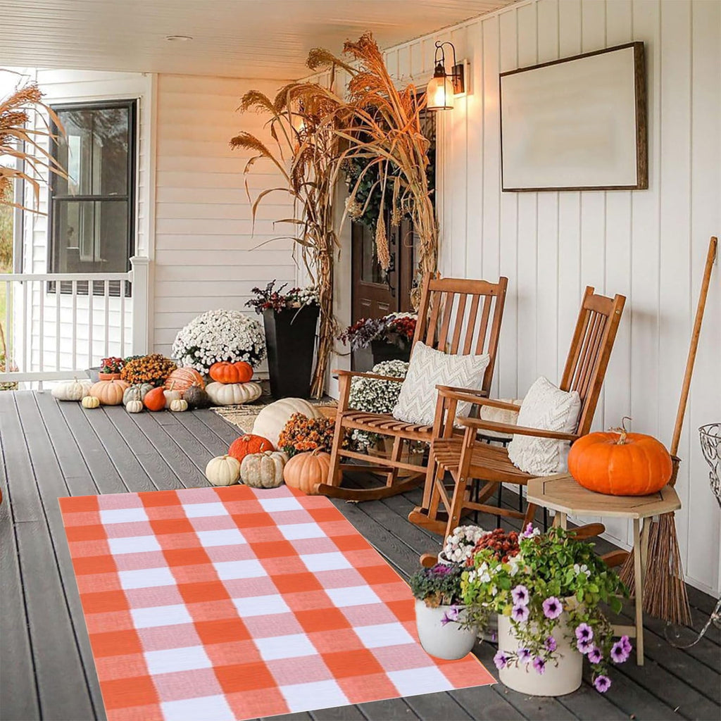 Clearance! 2024 New Halloween Fall Outdoor Rug Orange Plaid Outdoor Rug Hand, Woven Check Rug Layered Doormats for Front Door/Front Porch/Farmhouses/Entryway/Patio