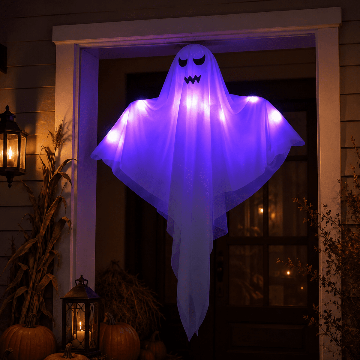 Clearance Light Up Hanging Ghost Decor, White Gauze Ghost Ornament with Blue LED Lights, Halloween Hanging Decoration for Front Door Porch Yard Tree Party Indoor Outdoor