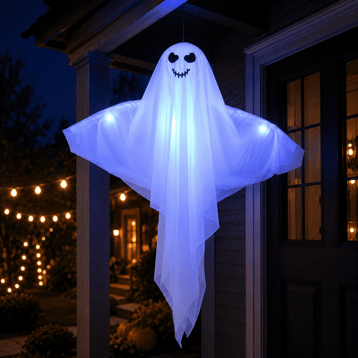Clearance Light Up Hanging Ghost Decor, White Gauze Ghost Ornament with Blue LED Lights, Halloween Hanging Decoration for Front Door Porch Yard Tree Party Indoor Outdoor