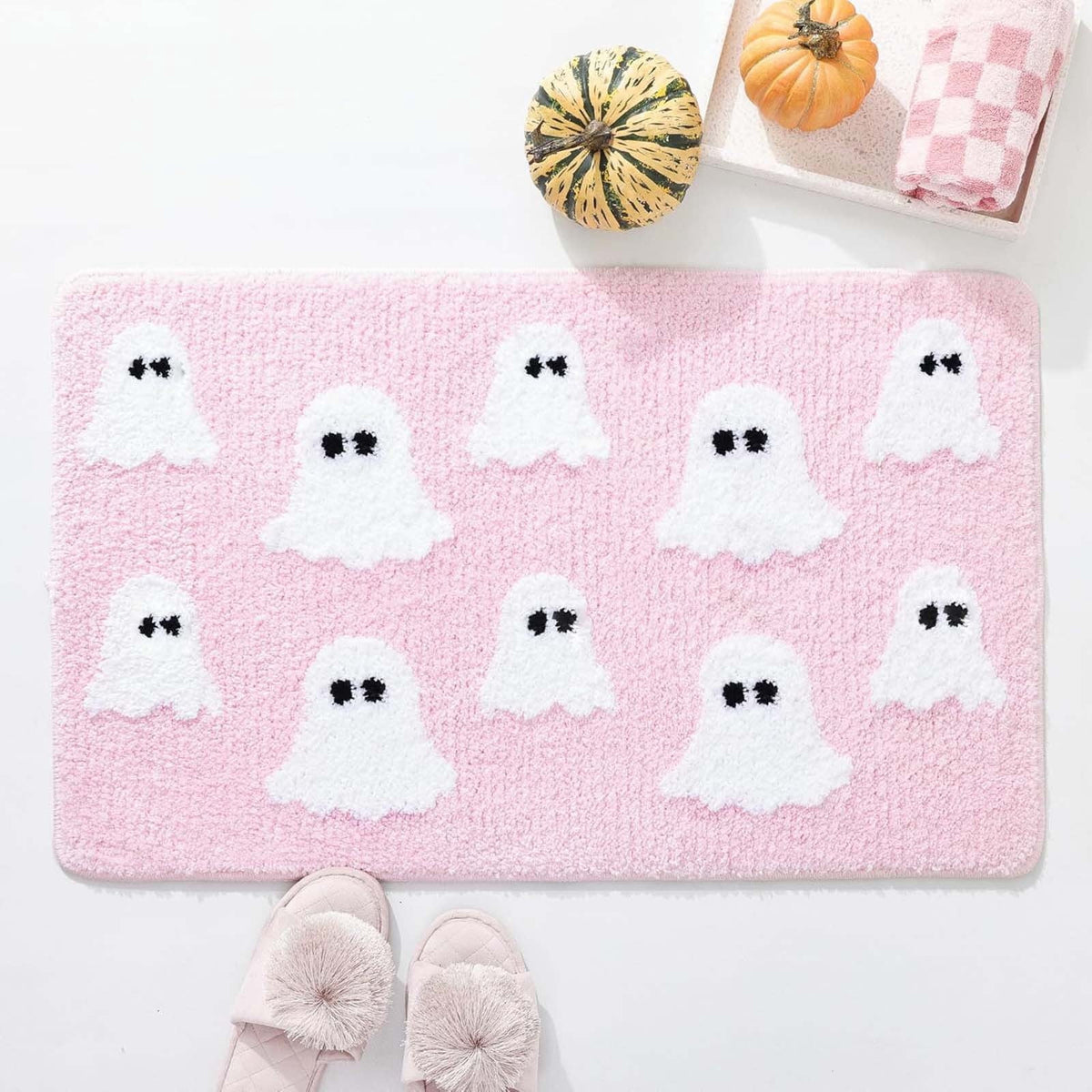 Coollooc Halloween Spooky Ghosts Bath Mat, Light Grey Bathroom Rugs Cute Home Decor Non Slip Gift Shower Rug for Bedroom, Happy Halloween Door Mat, Living Room and Entry(Pink)