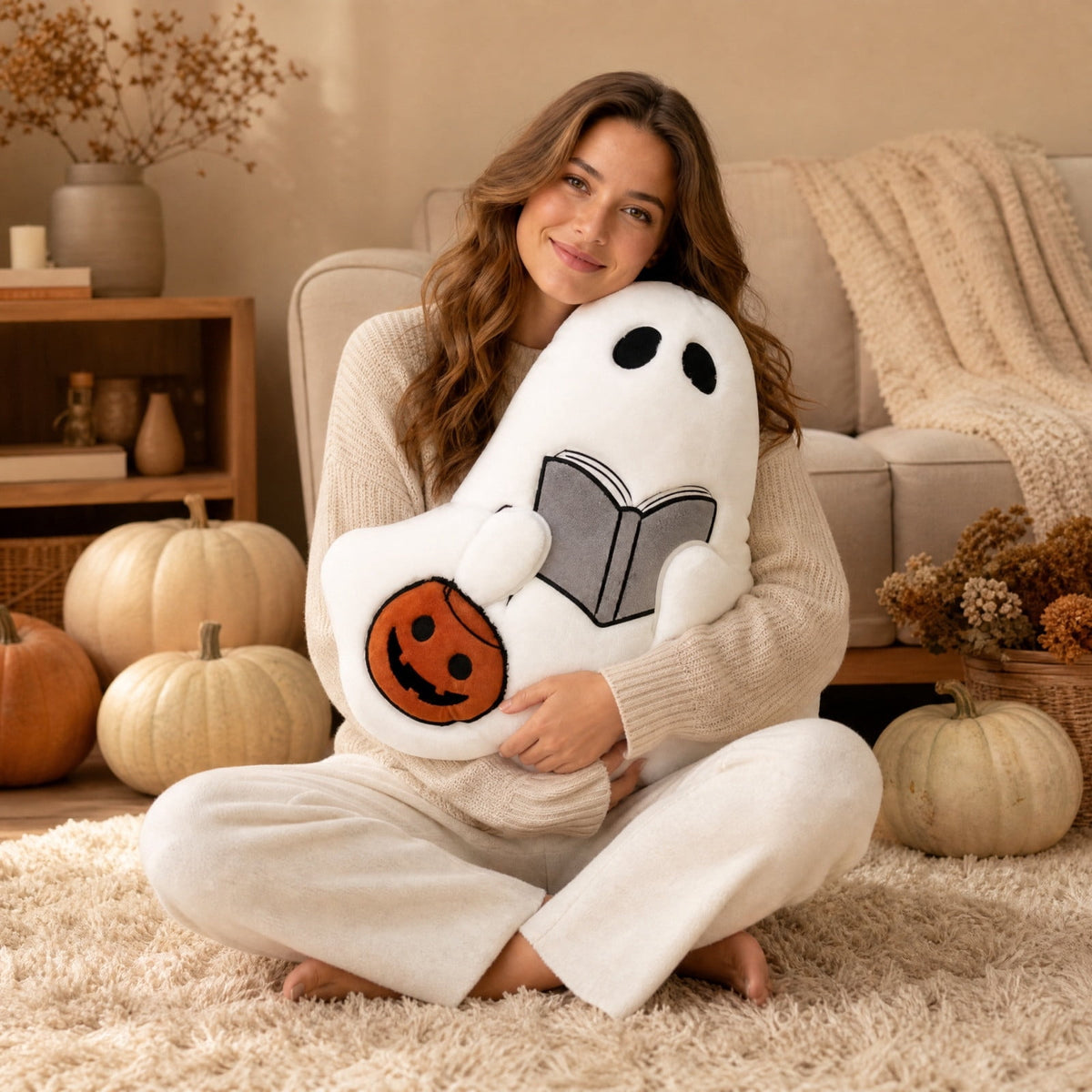 Cute Reading Ghost Plush Throw Pillow, Halloween Book & Pumpkin Bucket Ghost Stuffed Cushion, Spooky Season Decorative Pillow, for Sofa, Bedroom, Party Decor