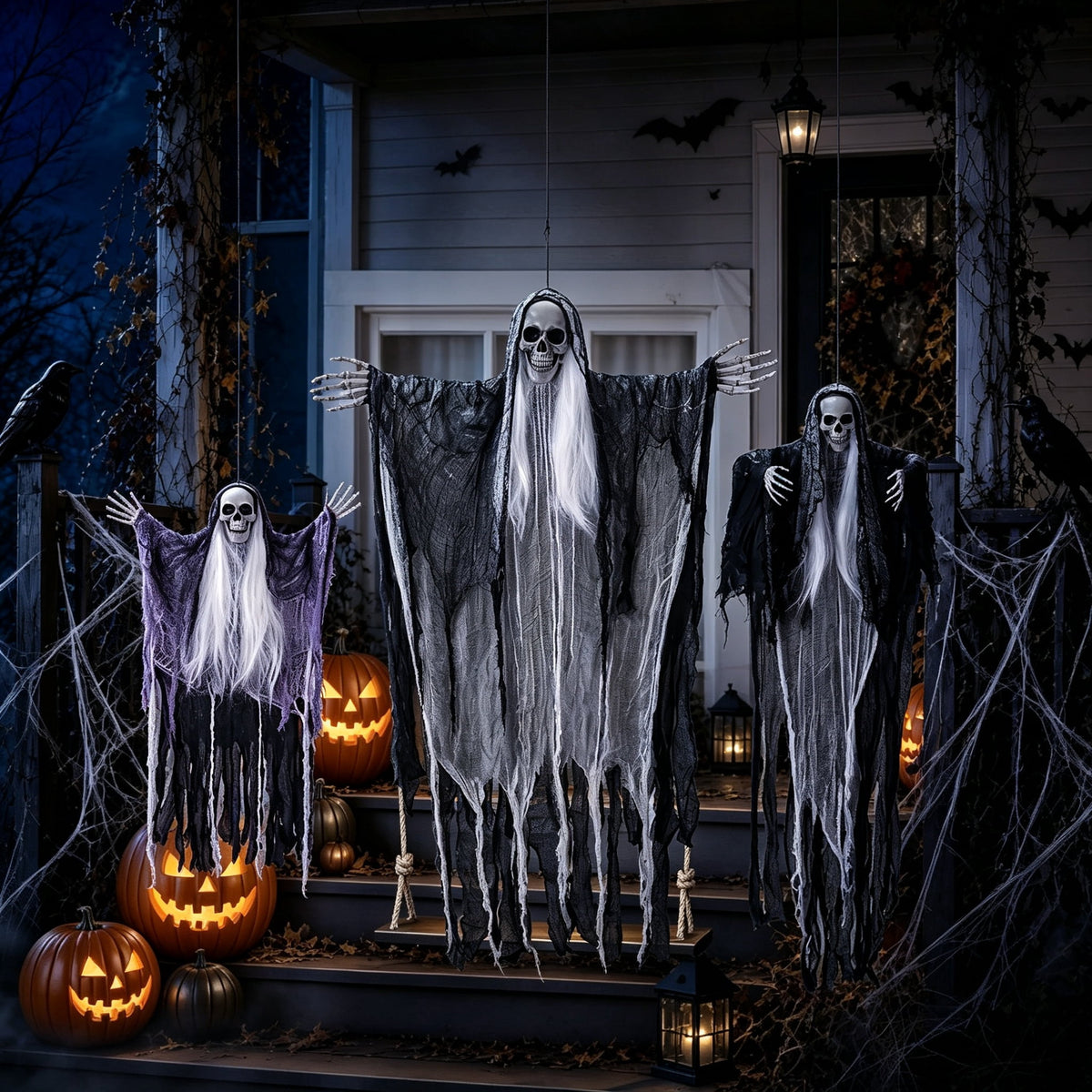 DUNCHATY 3 Pack Hanging Ghosts – 38" & 50" & 58" Outdoor Halloween Decorations with Poseable Arms for Yard, Tree, Porch & Haunted House