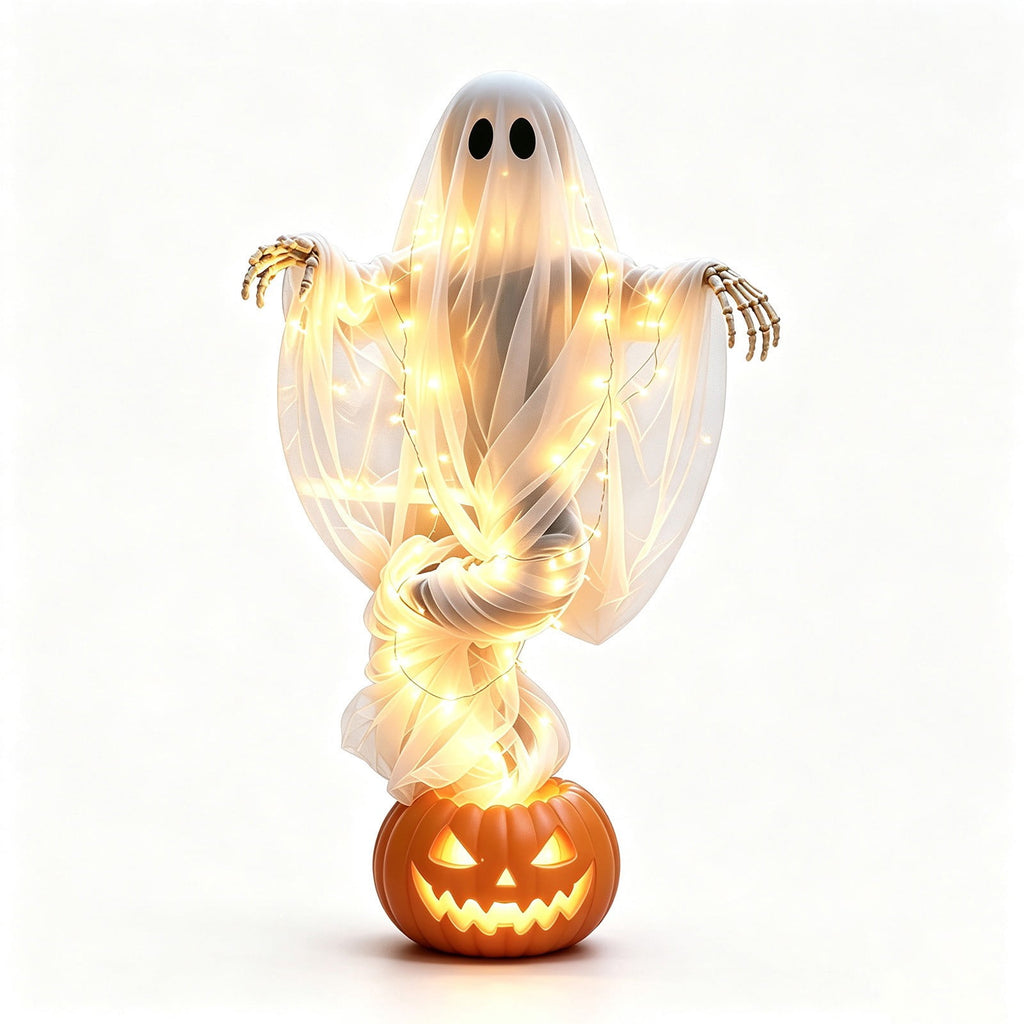 Elainilye Swirling Ghost Pumpkin Yard Lamp, Lighted Spooky Ghost Statue, Warm LED Halloween Decorations Indoor Outdoor, Fall Autumn Garden Ornament for Halloween Party Decoration