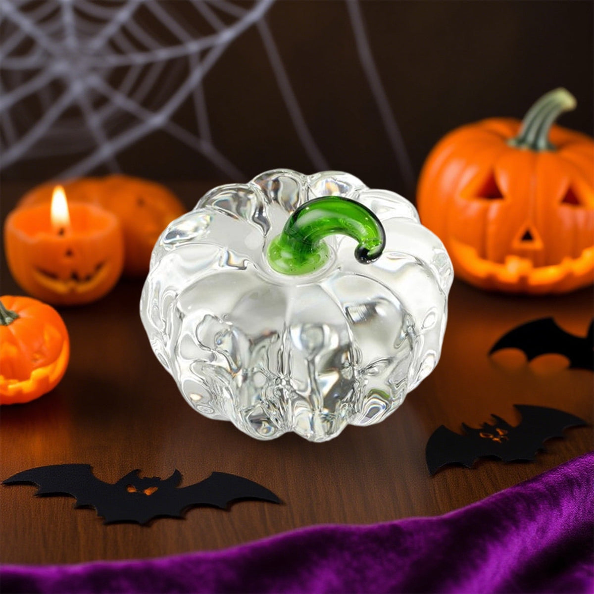 Fall Decor Mini Blue Hand Blown Glass Pumpkin Figurine Transparent Crystal Pumpkin with Green Stem Art Glass Fruit Tabletop Decor for Home Office Shelf Thanksgiving Halloween Gift