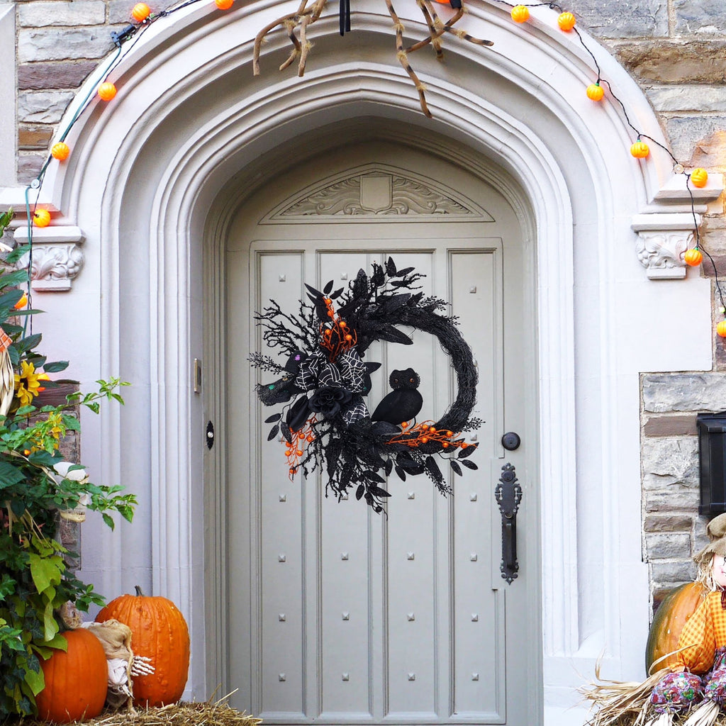 Festisoul 20'' Halloween Wreath for Front Door, Halloween Owl Wreath with Natural Vines and Artificial Roses, Spooky Halloween Props Decoration for Fireplace