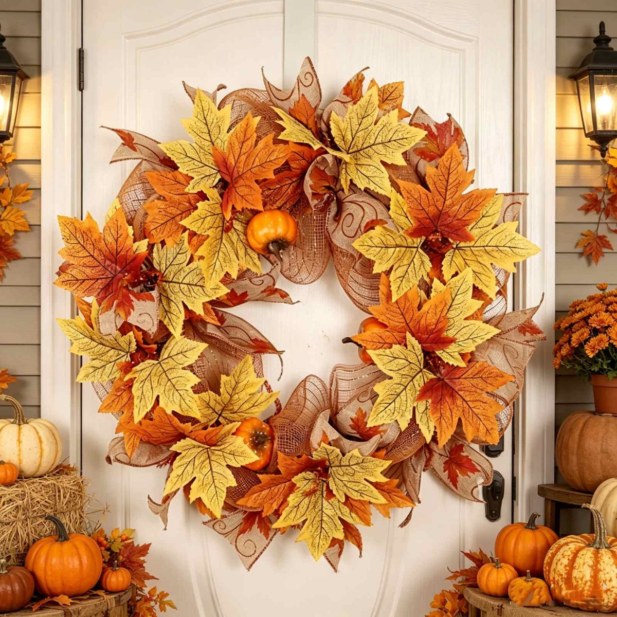 Festival Pumpkin Maple Leaf Artificial Wreath Door Hanging, Halloween Wreath