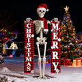 Giant Skeleton Christmas Outfit,12ft Skeleton Christmas Accessories Costume Including Giant Santa Hat,Xmas Banners,Scarf for Garden Lawn Indoor Outdoor Decor