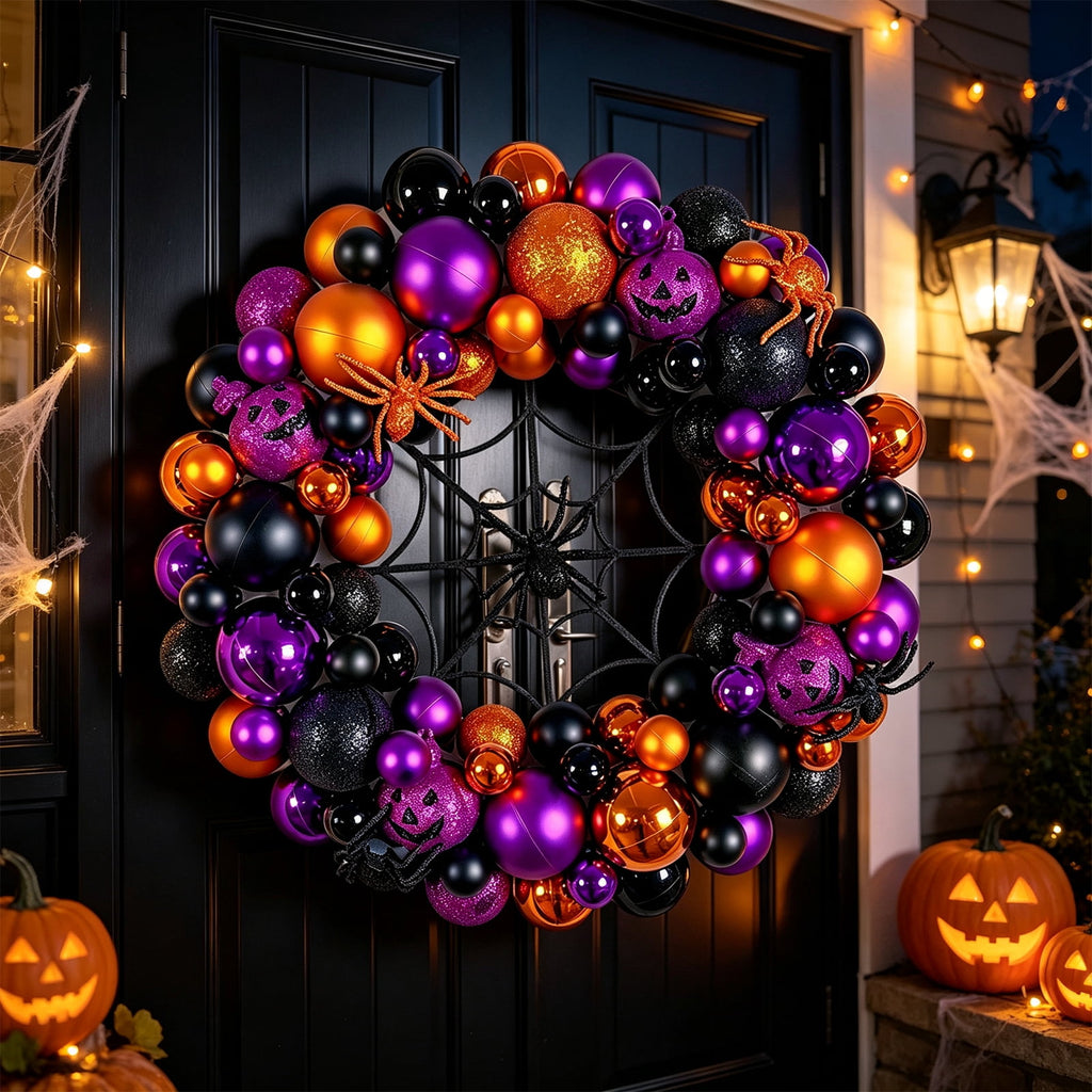 Godance 16 Inch Purple Halloween Spider Ball Wreath for Front Door, Halloween Treat-or-Trick Door Wreath Plastic Ball Ornament for Halloween Indoor Decorations Centerpiece Party Holiday Wall Decor