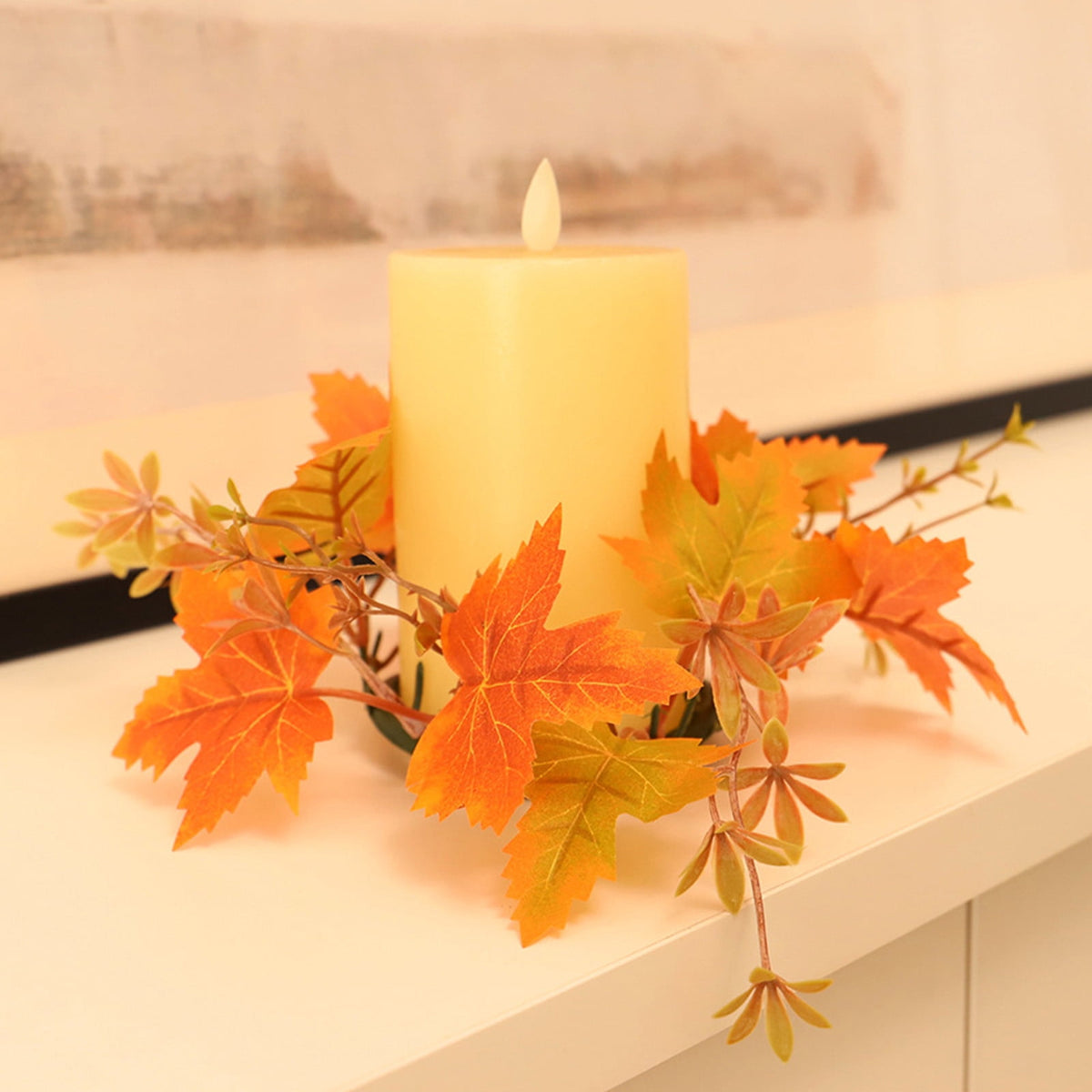 Guozer 1PCS Fall Candle Rings Wreaths Decorative Rattan Garland with Maple Leaf Berries for Thanksgiving Halloween Table Decor (No Light)