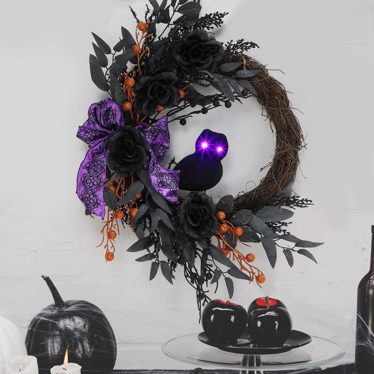 HELLONE Halloween Wreath with Lights, 20 Inch Front Door Halloween Wreath Decorations with Owl, Black Leaves, Roses, Bows for Halloween Home Porch Decor Indoor Outdoor