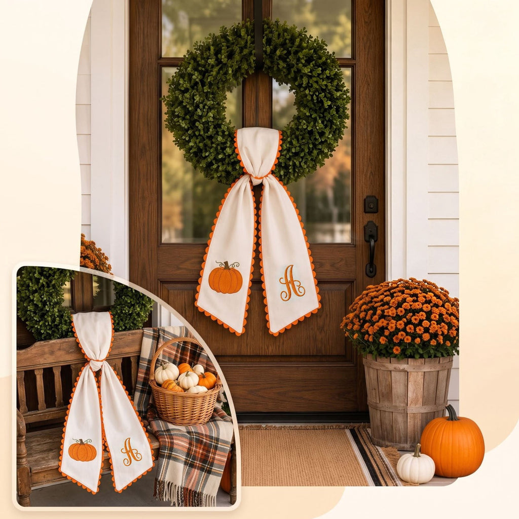 erdimoy Fall Pumpkin Monogram Wreath Sash, 50 Inch Embroidered Wreath Ribbon with Pom Pom Trim, Autumn Harvest Front Door Wreath Decor for Thanksgiving Halloween