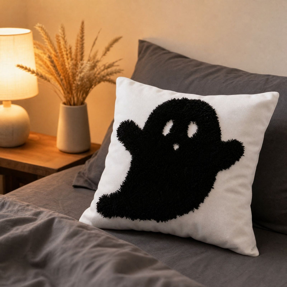 Cute Reading Ghost Plush Throw Pillow, Halloween Book & Pumpkin Bucket Ghost Stuffed Cushion, Spooky Season Decorative Pillow, for Sofa, Bedroom, Party Decor