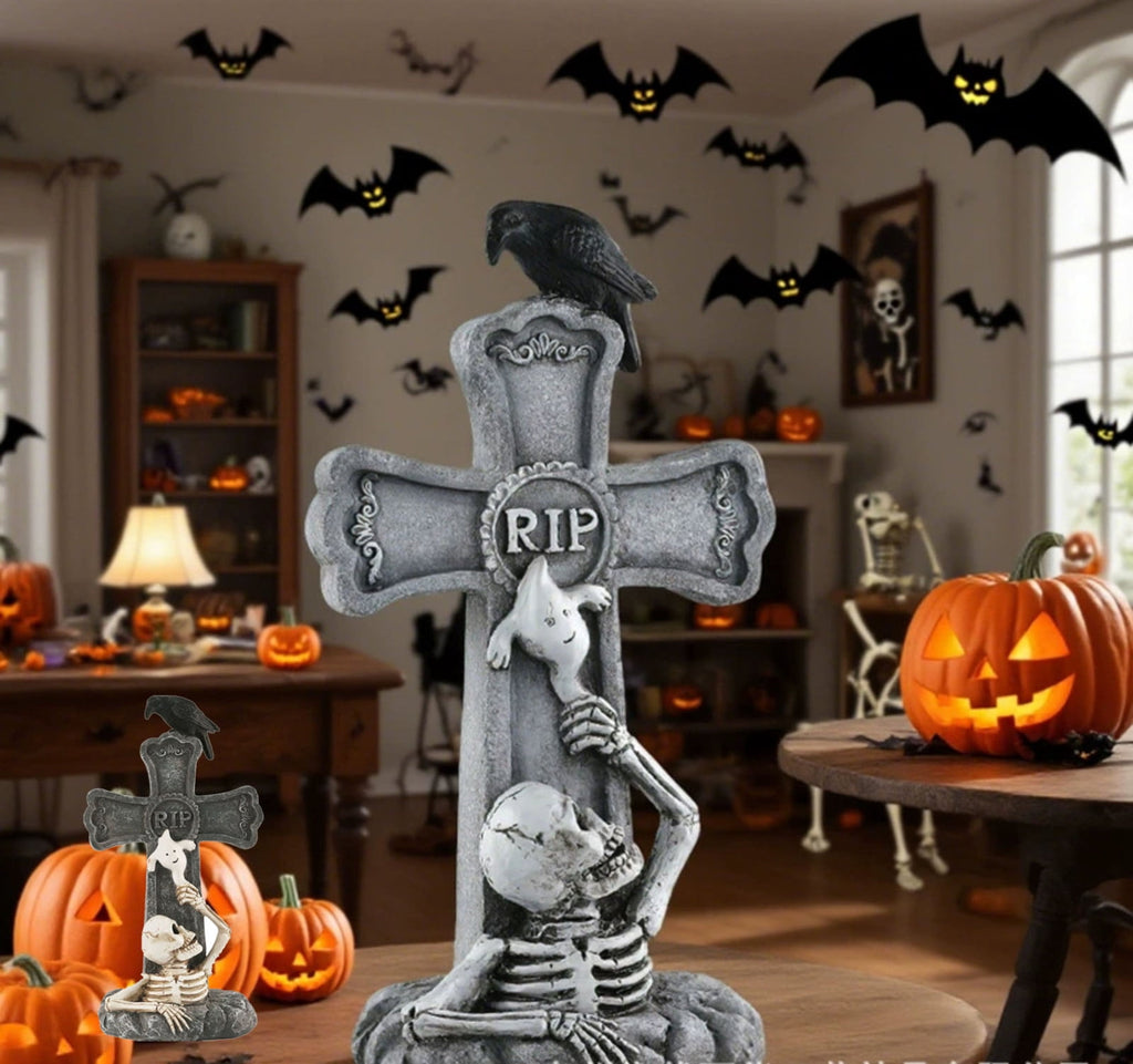 Halloween Decorations Outdoor Gravestones,Halloween Tombstones Cross-Shaped R.I.P Halloween Headstones with Skeleton & Crow,Resin Tombstone Decor for Party,Graveyard,Garden,Lawn Headstones