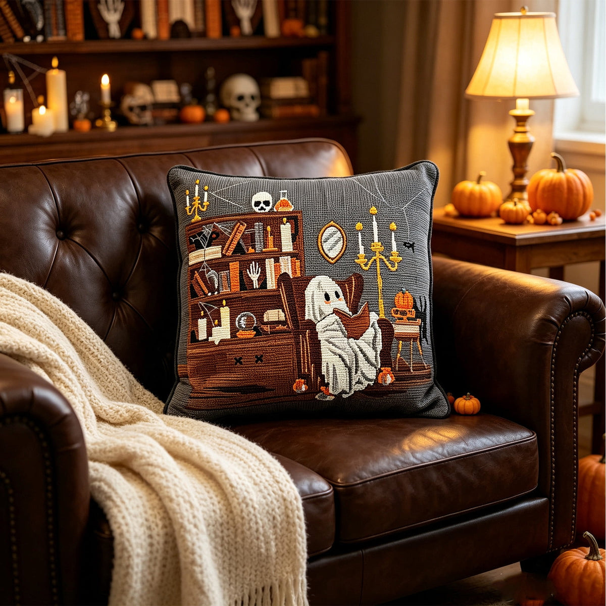 Cute Reading Ghost Plush Throw Pillow, Halloween Book & Pumpkin Bucket Ghost Stuffed Cushion, Spooky Season Decorative Pillow, for Sofa, Bedroom, Party Decor