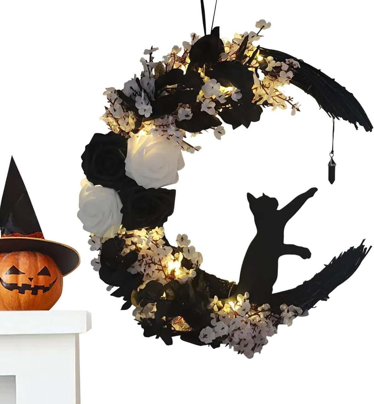 Halloween Moon Wreaths for Front Door, Black Cat on Moon Wreath Halloween Decor, Spooky Halloween Decorations Crescent Moon Wreath for Home Party Window Wall Indoor Outdoor