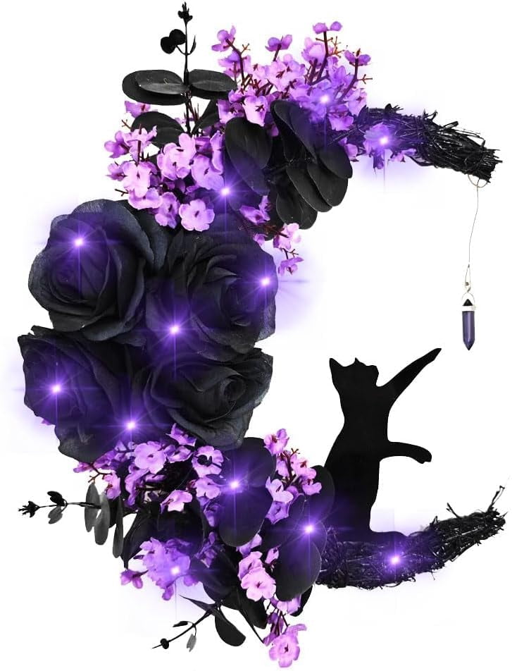 Halloween Moon Wreaths for Front Door, Black Cat on Moon Wreath Halloween Decor, Spooky Halloween Decorations Crescent Moon Wreath for Home Party Window Wall Indoor Outdoor