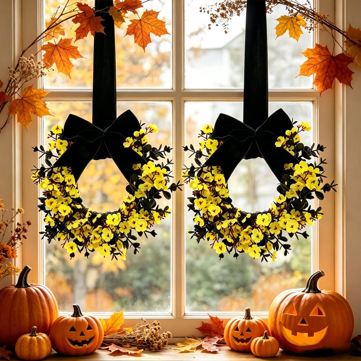 Halloween Star Shaped Bow Wreath for Window Door Display, Autumn Festival Artificial Wreath Decor