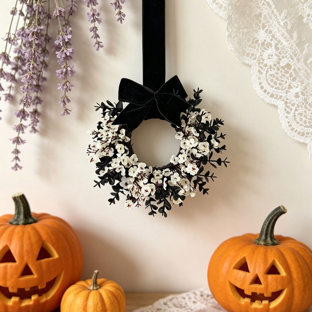 Halloween Star Shaped Bow Wreath for Window Door Display, Autumn Festival Artificial Wreath Decor