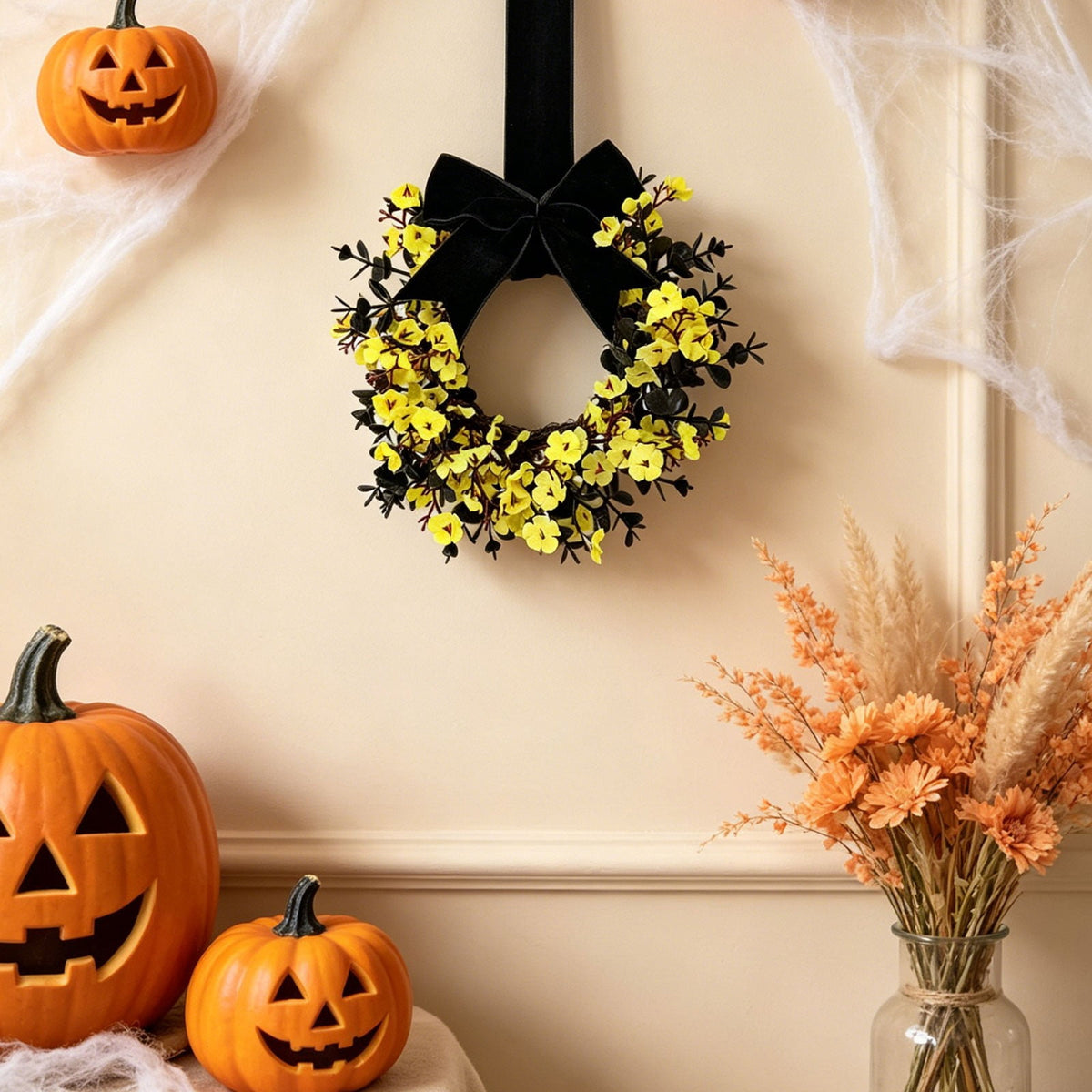 Halloween Star Shaped Bow Wreath for Window Door Display, Autumn Festival Artificial Wreath Decor