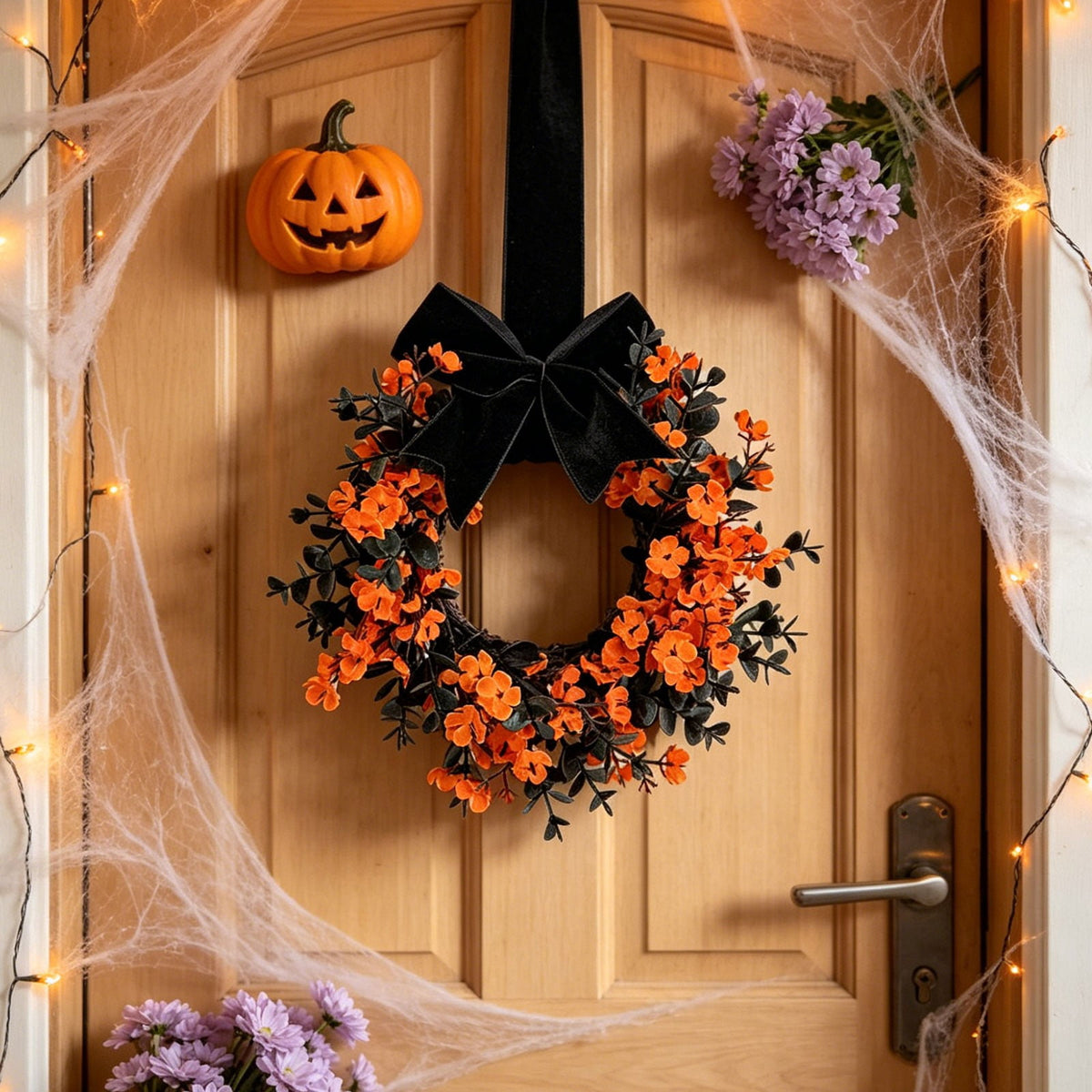 Halloween Star Shaped Bow Wreath for Window Door Display, Autumn Festival Artificial Wreath Decor