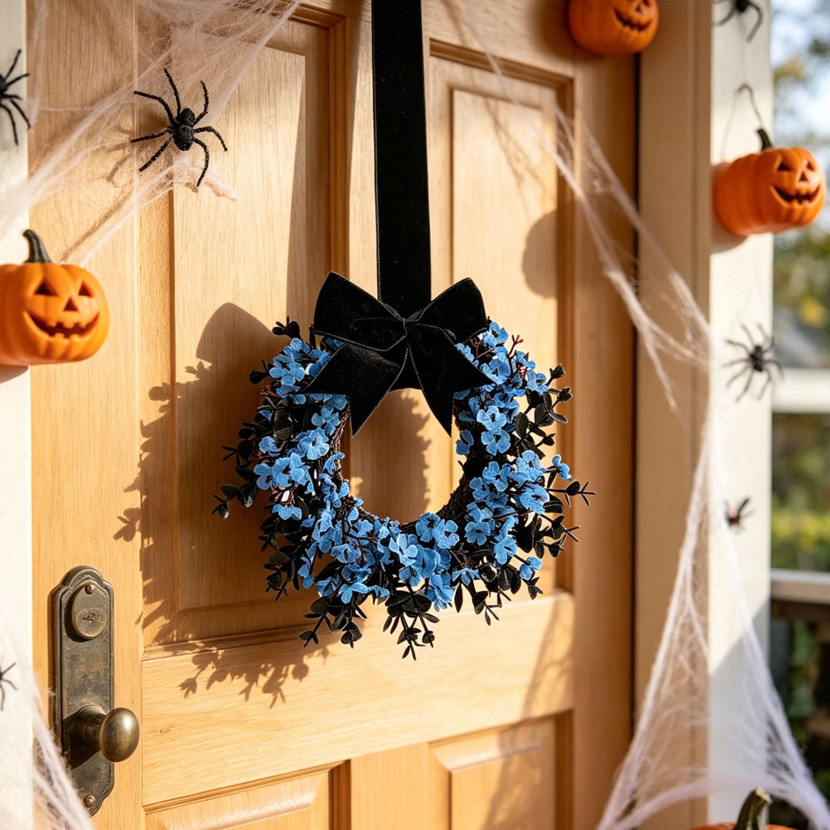 Halloween Star Shaped Bow Wreath for Window Door Display, Autumn Festival Artificial Wreath Decor