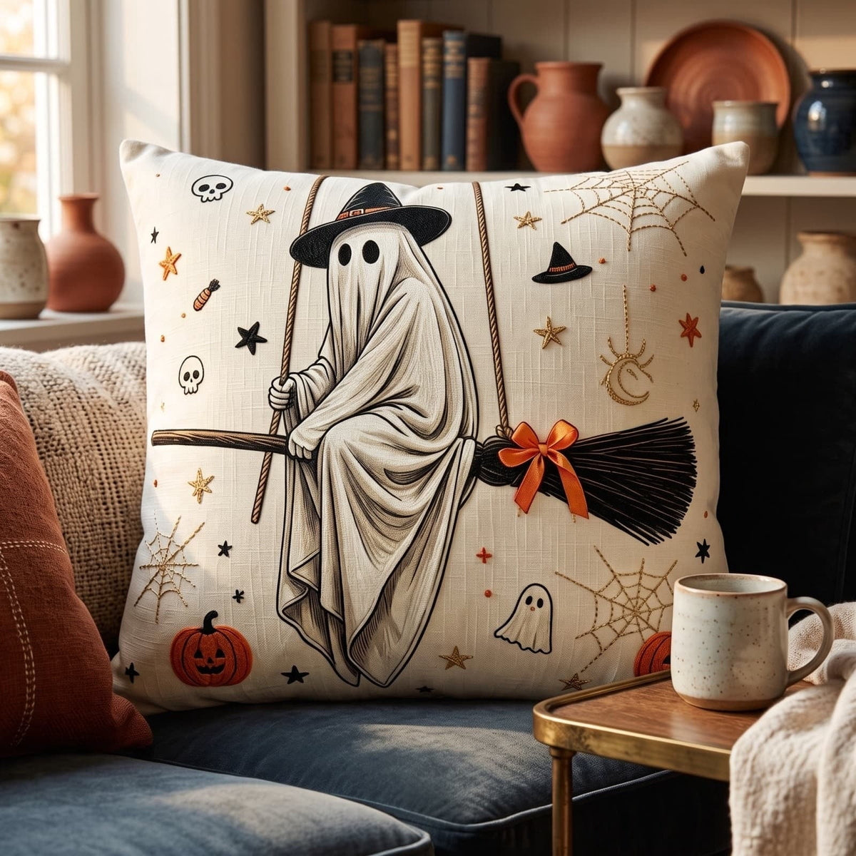 Cute Reading Ghost Plush Throw Pillow, Halloween Book & Pumpkin Bucket Ghost Stuffed Cushion, Spooky Season Decorative Pillow, for Sofa, Bedroom, Party Decor